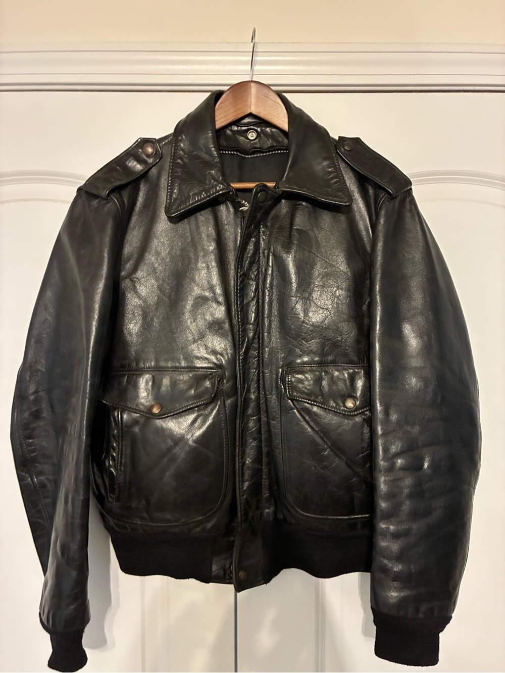 Vintage Black A-2 style Leather flight Jacket with Flap Pockets